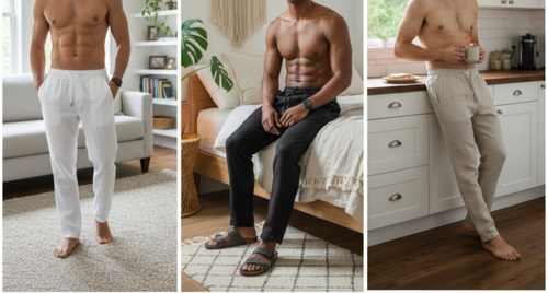 Calça de linho reta casual.