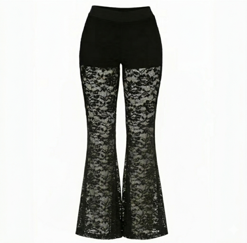 Calça flaire de renda com short  acoplado em poliamida luxo .