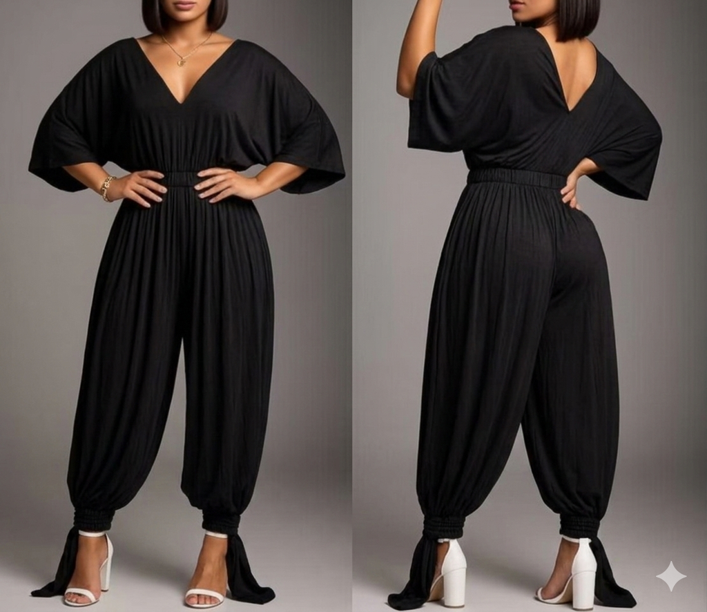 Macacão Pantalona Jogger com Decote em V e Amarração no Tornozelo.