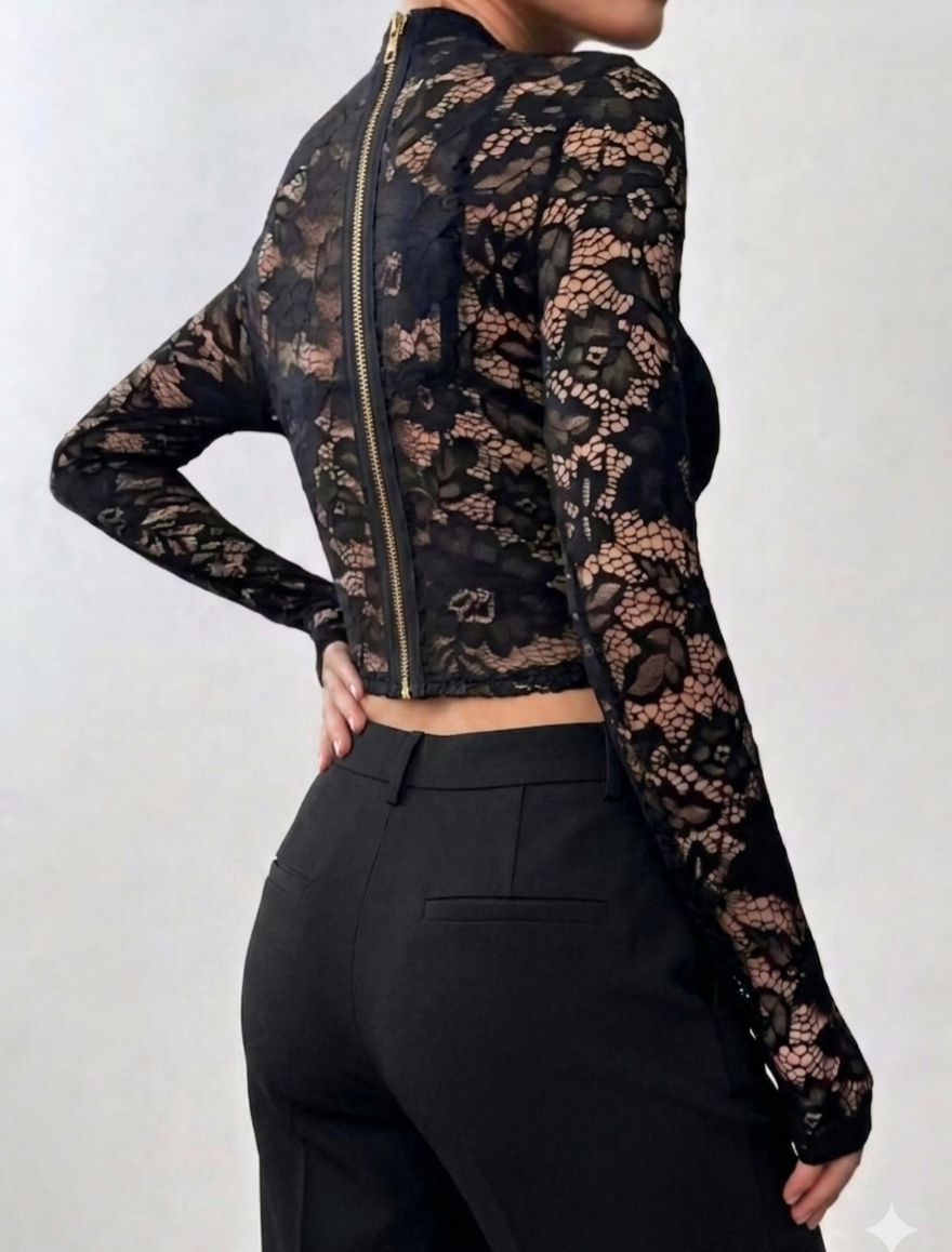 BLUSA DE RENDA MANGA LONGA COM ZIPER NAS COSTAS.