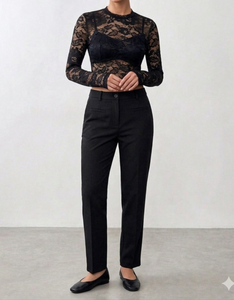 BLUSA DE RENDA MANGA LONGA COM ZIPER NAS COSTAS.