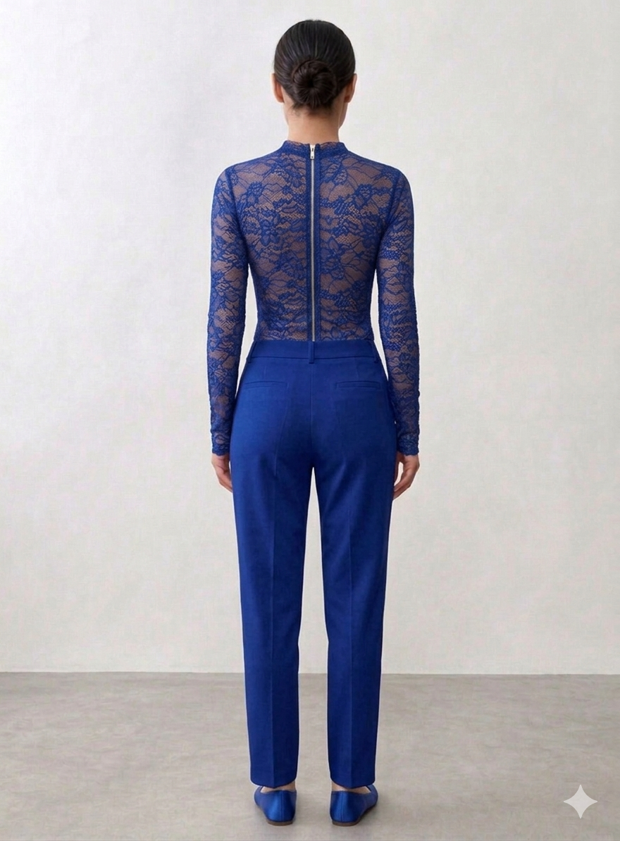 BLUSA DE RENDA MANGA LONGA COM ZIPER NAS COSTAS.