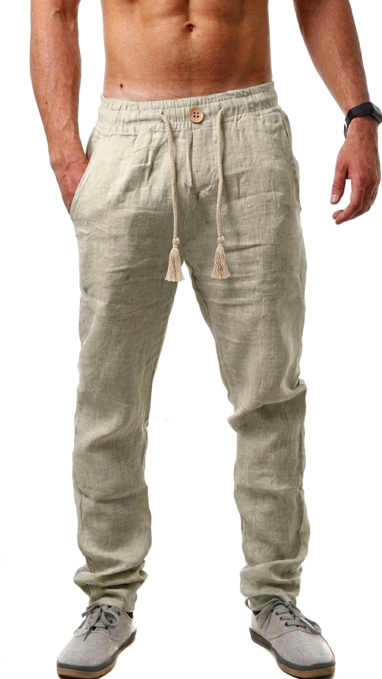 Calça de linho reta casual.