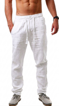 Calça de linho reta casual.