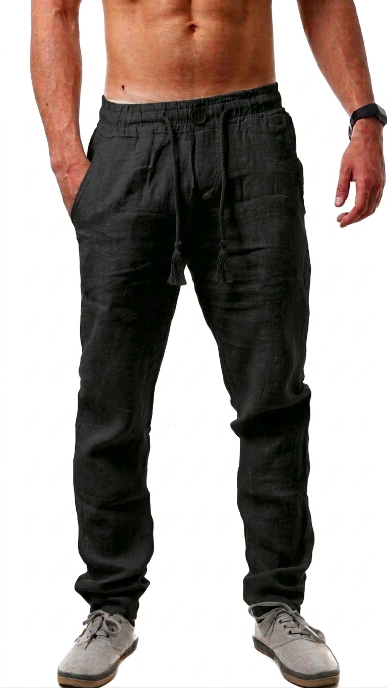 Calça de linho reta casual.