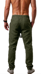 Calça de linho reta casual.