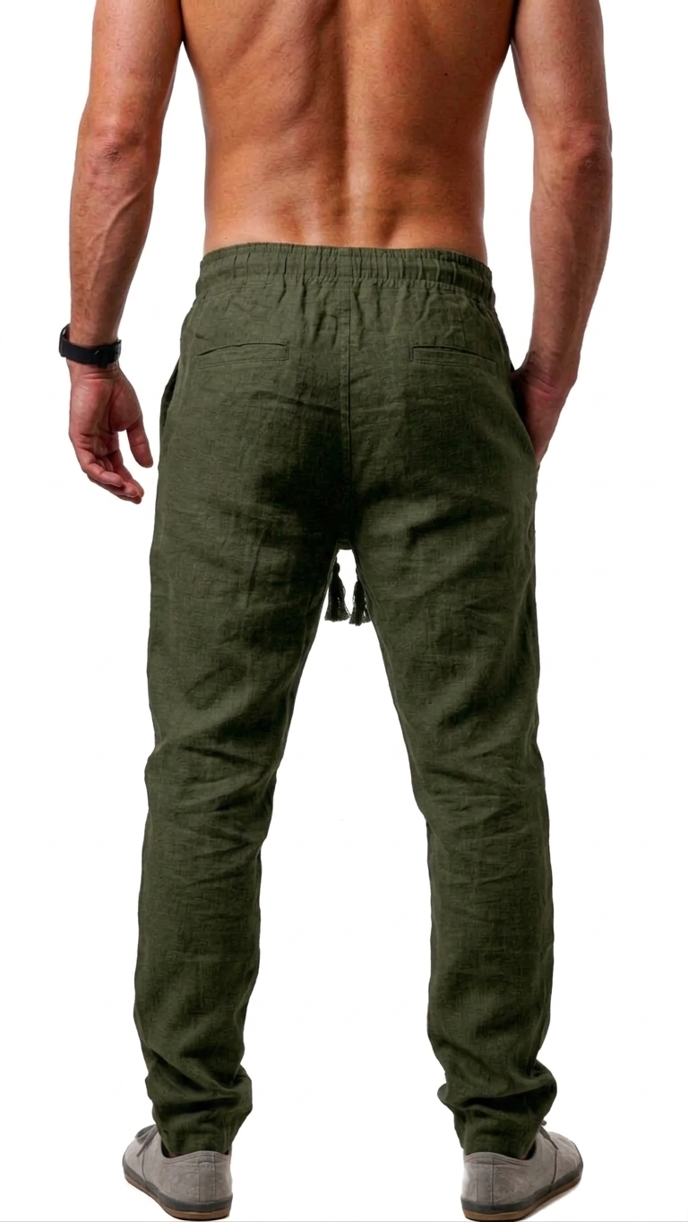 Calça de linho reta casual.
