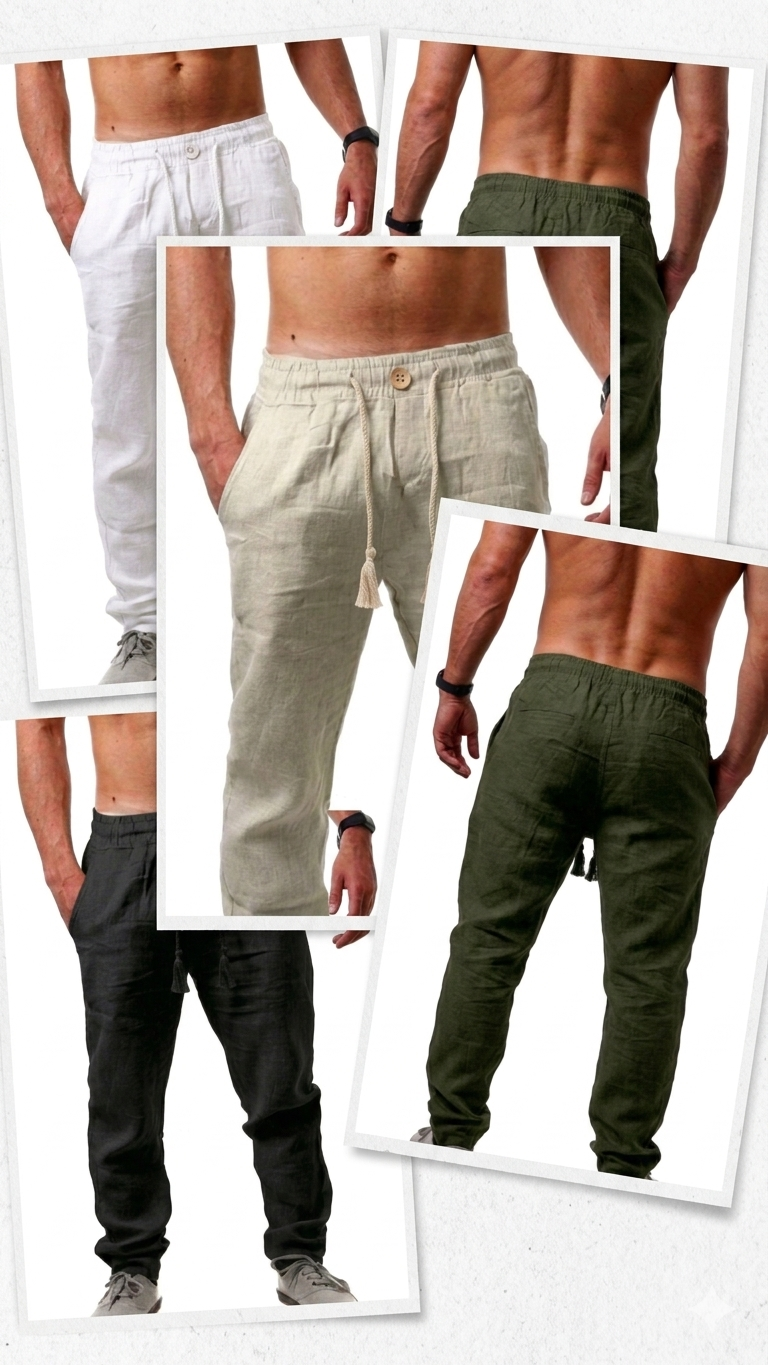 Calça de linho reta casual.