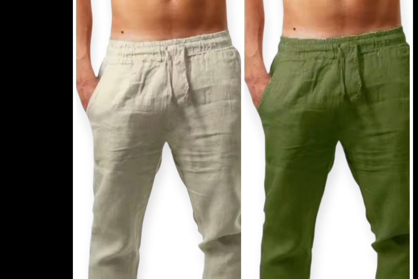 Calça de linho reta casual.