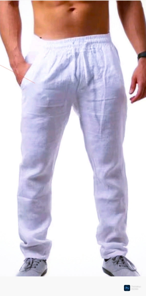 CALÇA DE LINHO RETA COM ZIPER ,BOTÂO  E CORDÂO DE ALGODÃO  EM LINHO MISTO COM VISCOSE.