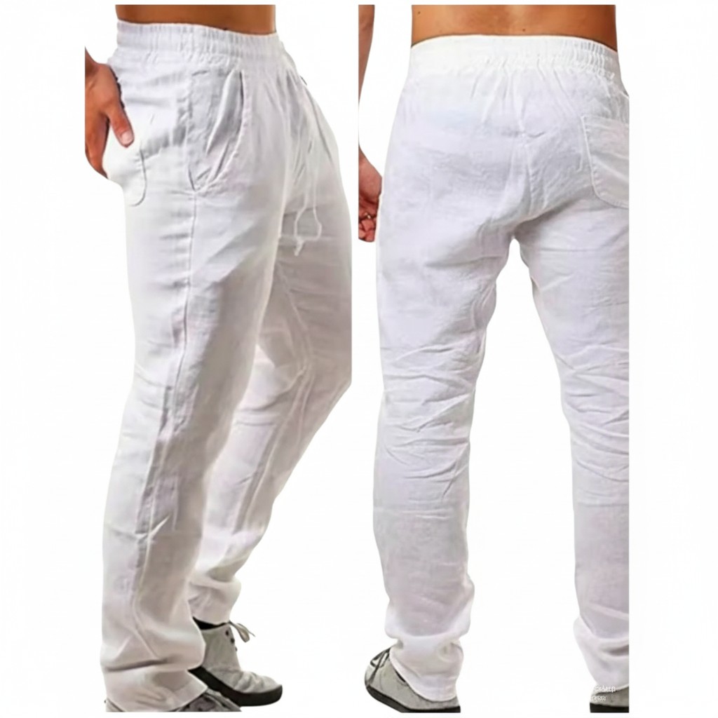 Calça de linho reta casual.