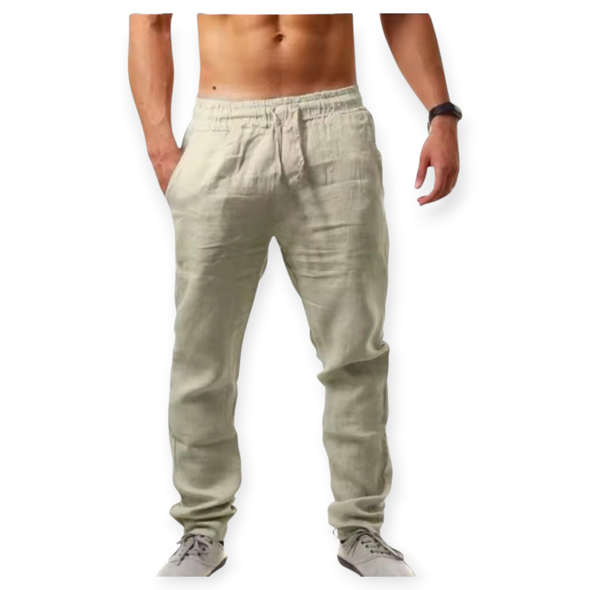 CALÇA DE LINHO RETA COM ZIPER ,BOTÂO  E CORDÂO DE ALGODÃO  EM LINHO MISTO COM VISCOSE.