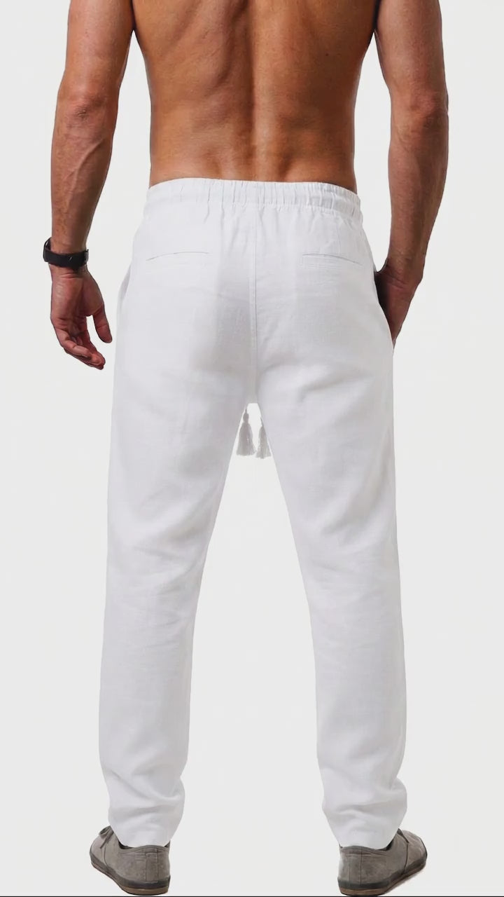 Calça de linho reta casual.